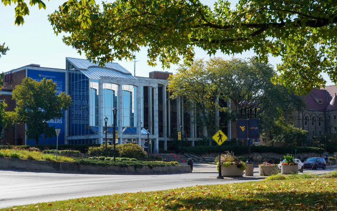 glass building on wvu campus